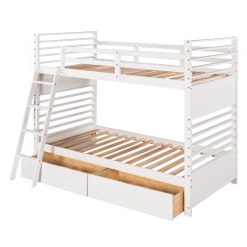 Wood Twin Over Twin Bunk Bed With Two Drawers and Ladder