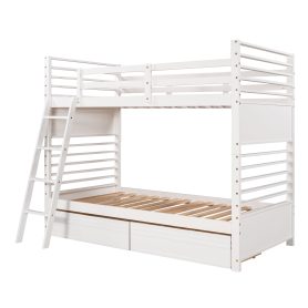 Wood Twin Over Twin Bunk Bed With Two Drawers and Ladder