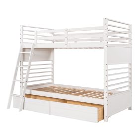 Wood Twin Over Twin Bunk Bed With Two Drawers and Ladder