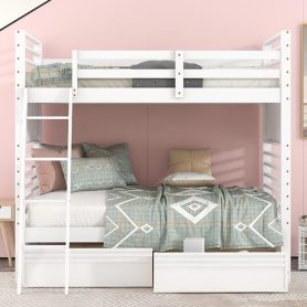 Wood Twin Over Twin Bunk Bed With Two Drawers and Ladder
