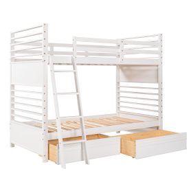 Wood Twin Over Twin Bunk Bed With Two Drawers and Ladder