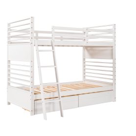 Wood Twin Over Twin Bunk Bed With Two Drawers and Ladder