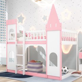 Wood Twin Over Twin Princess Castle Bunk Bed With Ladder