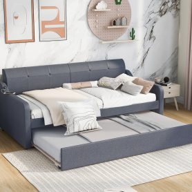 Twin Size Upholstery DayBed with Trundle and USB Charging