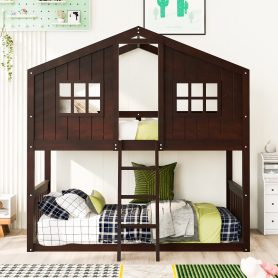 Wood Twin Over Twin House Bunk Bed With Ladder
