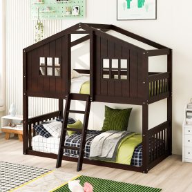 Wood Twin Over Twin House Bunk Bed With Ladder