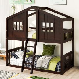 Wood Twin Over Twin House Bunk Bed With Ladder