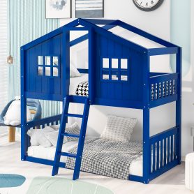 Wooden Twin Over Twin House Bunk Bed With Ladder 29 Wooden Twin Over Twin House Bunk Bed With Ladder