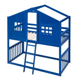 Wooden Twin Over Twin House Bunk Bed With Ladder 19 Wooden Twin Over Twin House Bunk Bed With Ladder