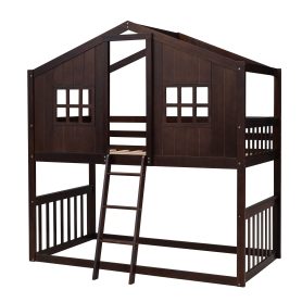 Wood Twin Over Twin House Bunk Bed With Ladder