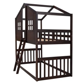 Wood Twin Over Twin House Bunk Bed With Ladder
