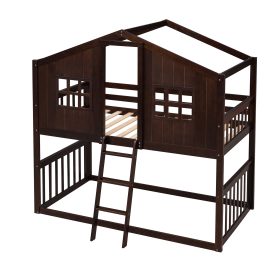 Wood Twin Over Twin House Bunk Bed With Ladder