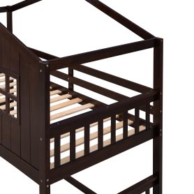 Wood Twin Over Twin House Bunk Bed With Ladder