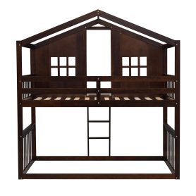 Wood Twin Over Twin House Bunk Bed With Ladder