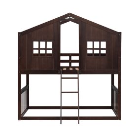Wood Twin Over Twin House Bunk Bed With Ladder