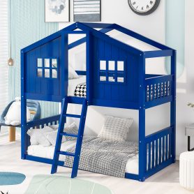 Wooden Twin Over Twin House Bunk Bed With Ladder