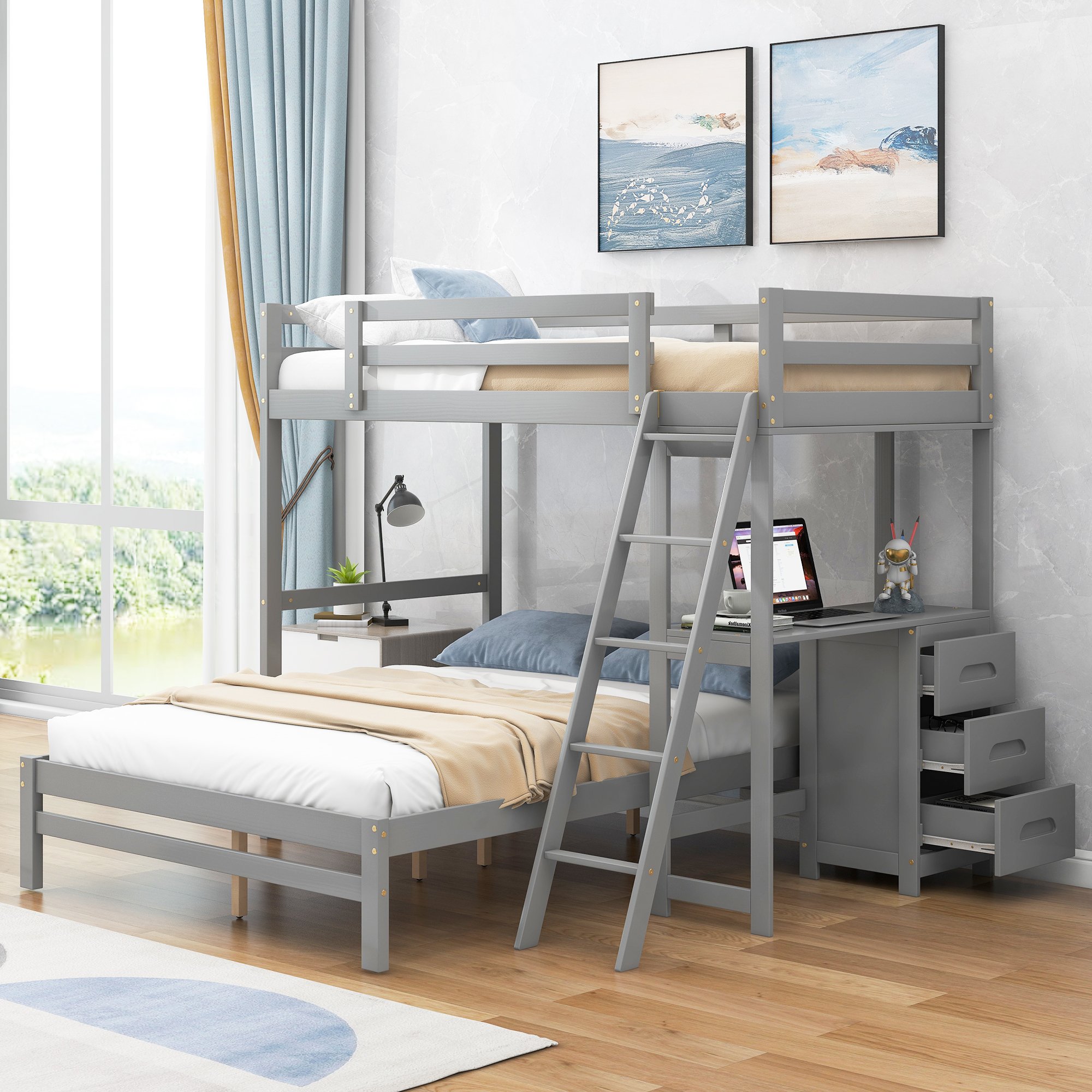 Twin over Full Bunk Bed with Ladder, Built-in Desk and Three Drawers