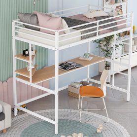 Metal Twin Loft Bed With Desk And Shelve