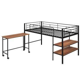 Metal Twin Size Loft Bed With Movable Desk And Shelves