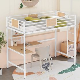 Metal Twin Loft Bed With Desk, Guardrail And Shelve
