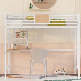 Metal Twin Loft Bed With Desk, Guardrail And Shelve