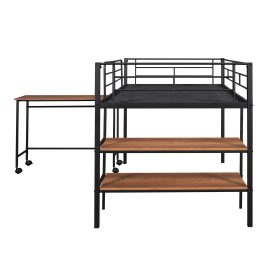 Metal Twin Size Loft Bed With Movable Desk And Shelves