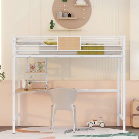 Metal Twin Loft Bed With Desk, Guardrail And Shelve