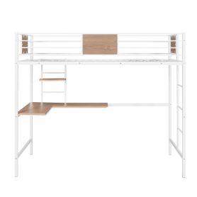 Metal Twin Loft Bed With Desk, Guardrail And Shelve
