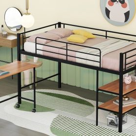 Metal Twin Size Loft Bed With Movable Desk And Shelves