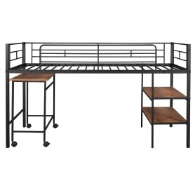 Metal Twin Size Loft Bed With Movable Desk And Shelves