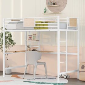Metal Twin Loft Bed With Desk, Guardrail And Shelve