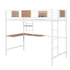 Metal Twin Loft Bed With Desk, Guardrail And Shelve