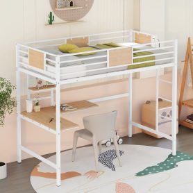 Metal Twin Loft Bed With Desk, Guardrail And Shelve