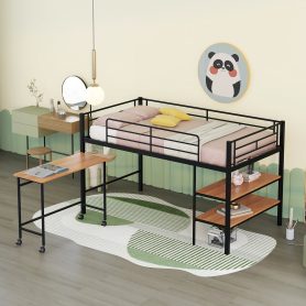 Metal Twin Size Loft Bed With Movable Desk And Shelves