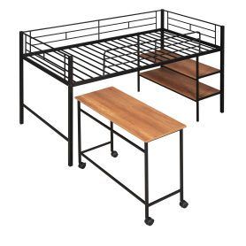 Metal Twin Size Loft Bed With Movable Desk And Shelves