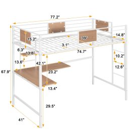 Metal Twin Loft Bed With Desk, Guardrail And Shelve
