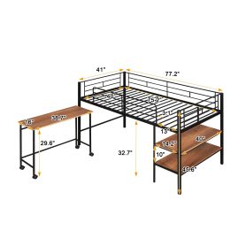 Metal Twin Size Loft Bed With Movable Desk And Shelves