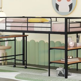 Metal Twin Size Loft Bed With Movable Desk And Shelves