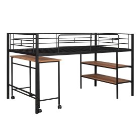 Metal Twin Size Loft Bed With Movable Desk And Shelves