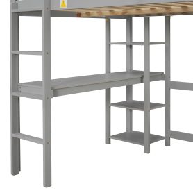 Full Size Loft Bed With Desk, Shelves and Guardrail