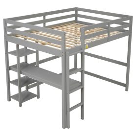 Full Size Loft Bed With Desk, Shelves and Guardrail