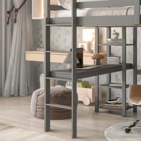 Full Size Loft Bed With Desk, Shelves and Guardrail