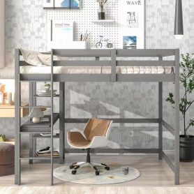 Full Size Loft Bed With Desk, Shelves and Guardrail