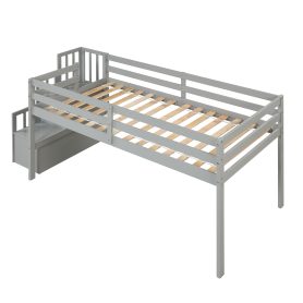 Twin Loft Bed With Staircase and Guardrail