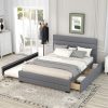 Upholstered Queen Size Platform Bed With Trundle And Two Drawers
