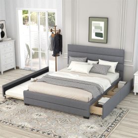 Upholstered Queen Size Platform Bed With Trundle And Two Drawers