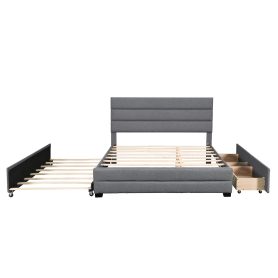 Upholstered Queen Size Platform Bed With Trundle And Two Drawers