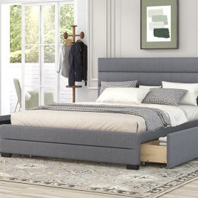 Upholstered Queen Size Platform Bed With Trundle And Two Drawers
