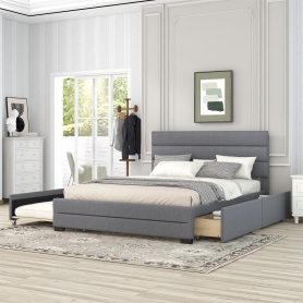 Upholstered Queen Size Platform Bed With Trundle And Two Drawers