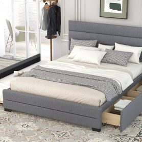 Upholstered Queen Size Platform Bed With Trundle And Two Drawers